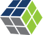 Abstract cube logo with blue, gray, and green geometric panels