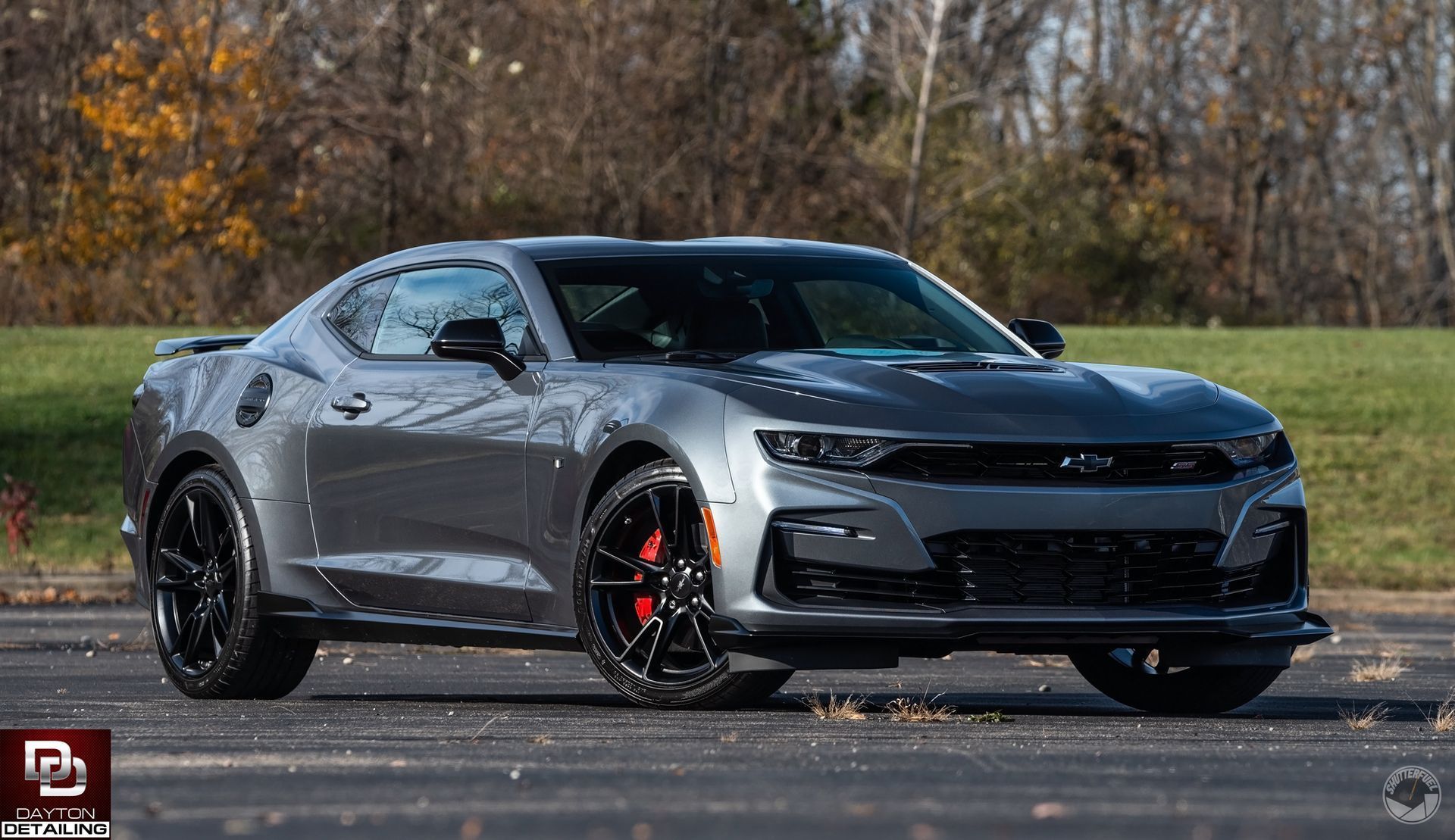Gray sports coupe parked outdoors with black wheels and red brake calipers, trees in the background