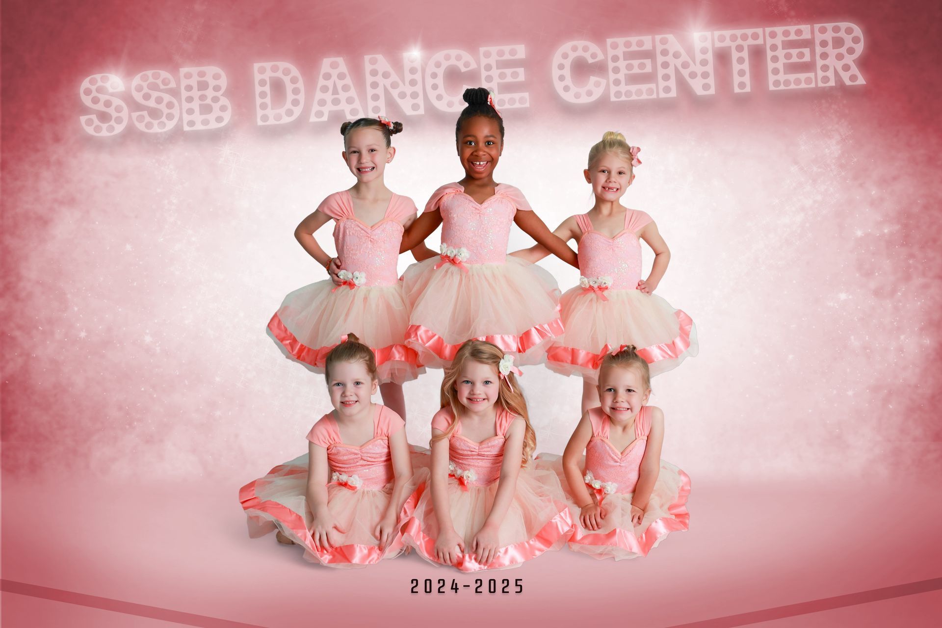 Young dancers in pink ballet outfits. SSB Dance Center logo above.