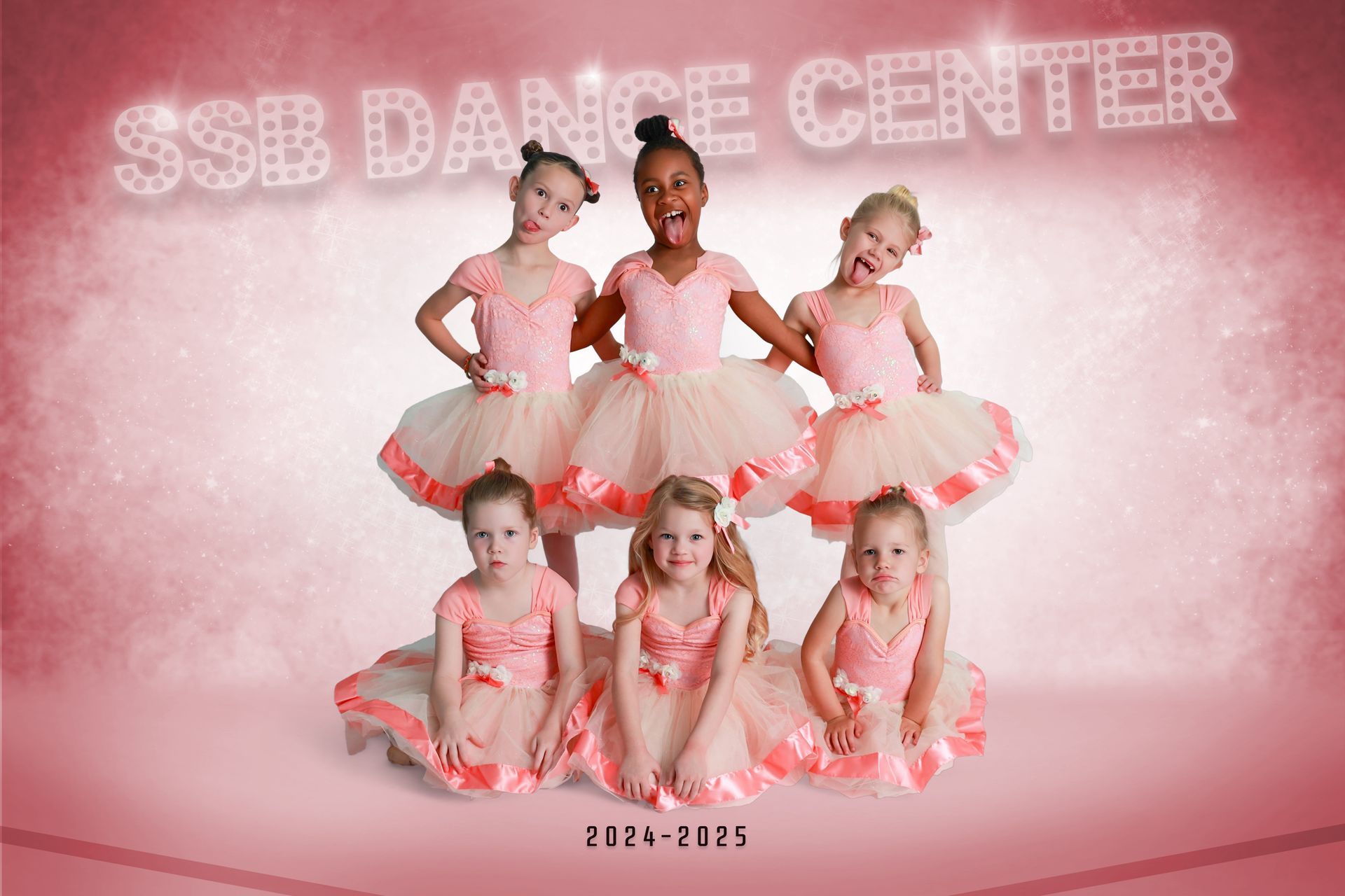 Children in pink tutus at the SSB Dance Center, posing with happy expressions.