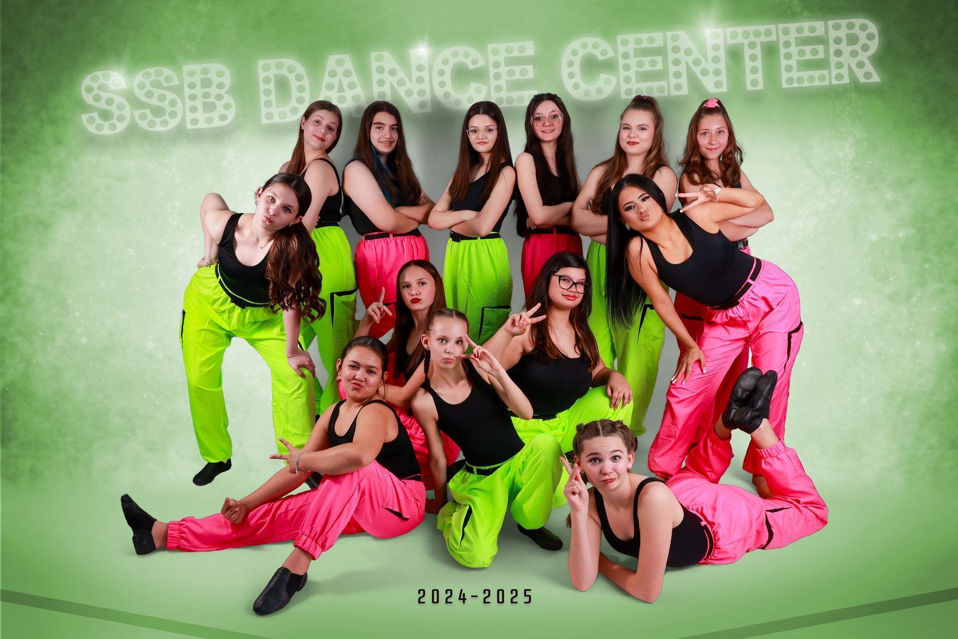 SSB Dance Center group photo: Teens in neon pants, black tops, posing with various expressions against a green background.