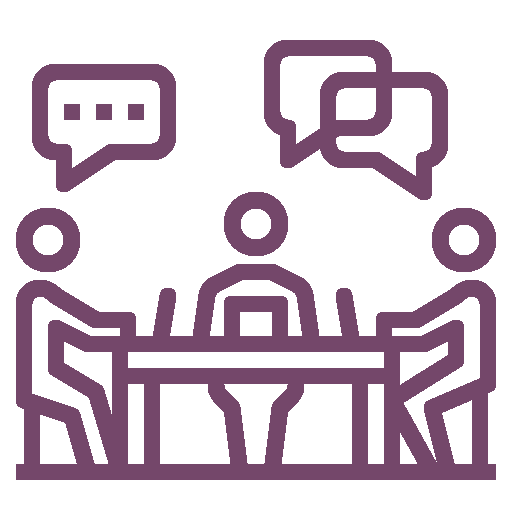 A group of people are sitting around a table with speech bubbles.