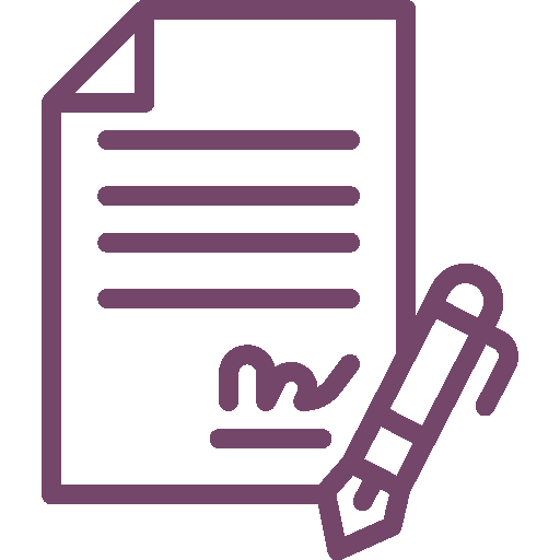 A purple icon of a signed document with a pen.