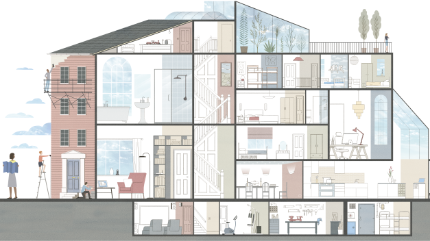 A drawing of a house cut in half showing the interior.