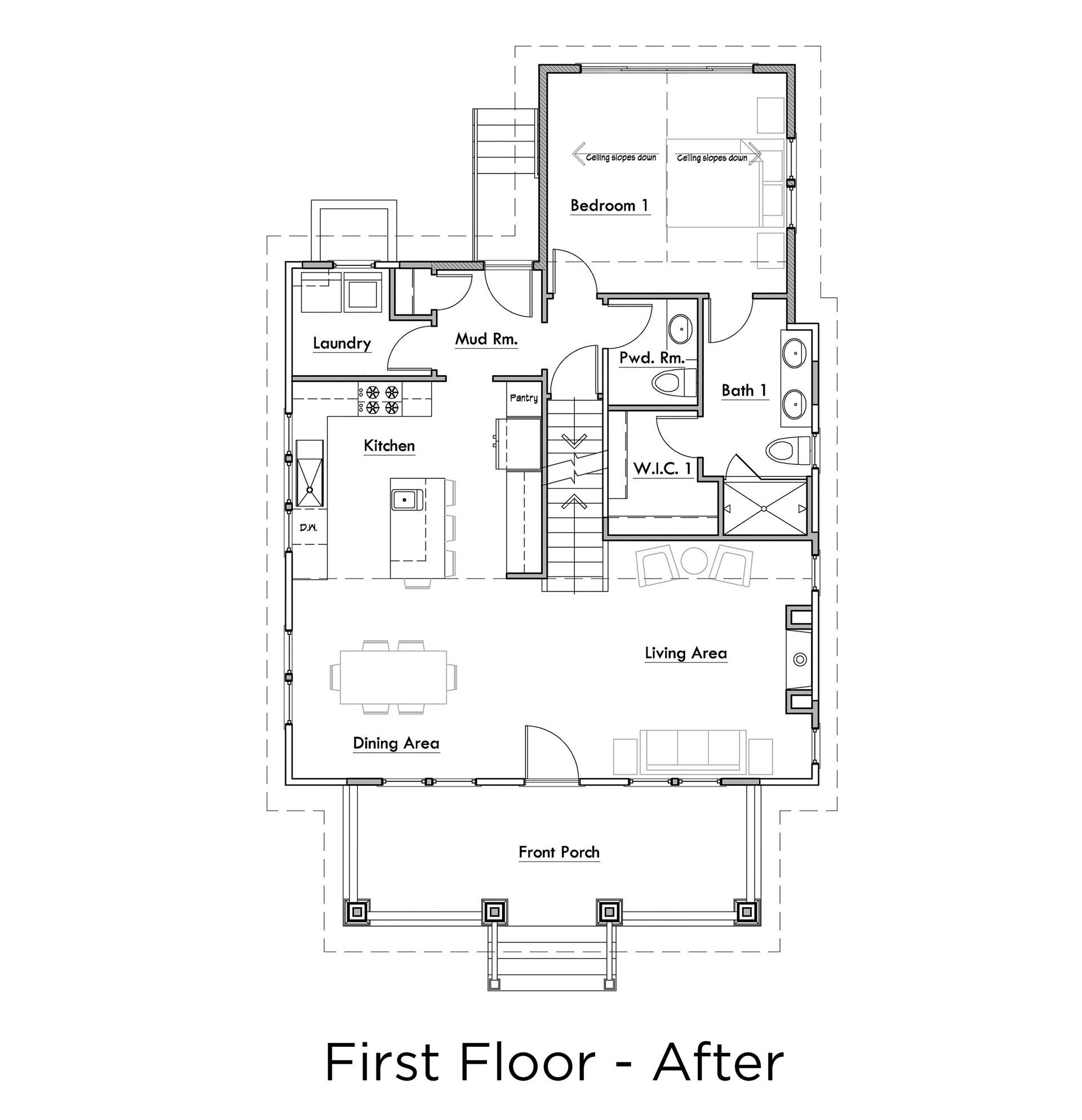A black and white floor plan of the first floor of a house.