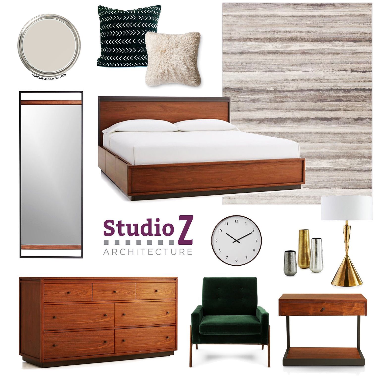 A bedroom with a bed and a clock by studio z architecture