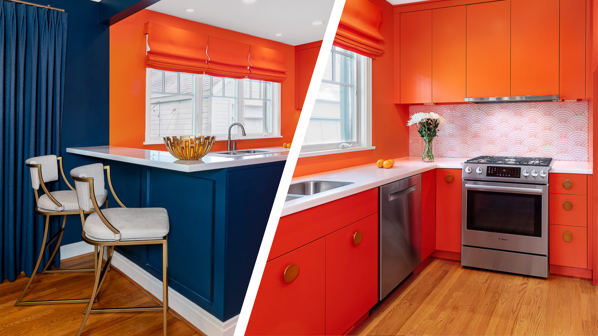 A blue and orange kitchen with stainless steel appliances.