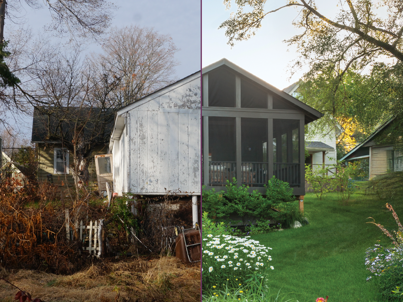 Before and after photo of an studio z house