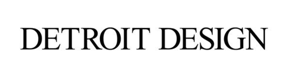 A black and white logo for detroit design on a white background.