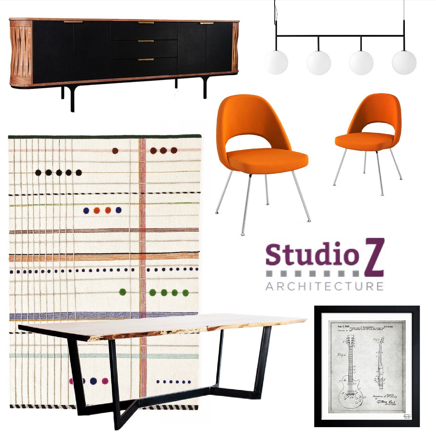 A collage of furniture and a sign that says studio z architecture
