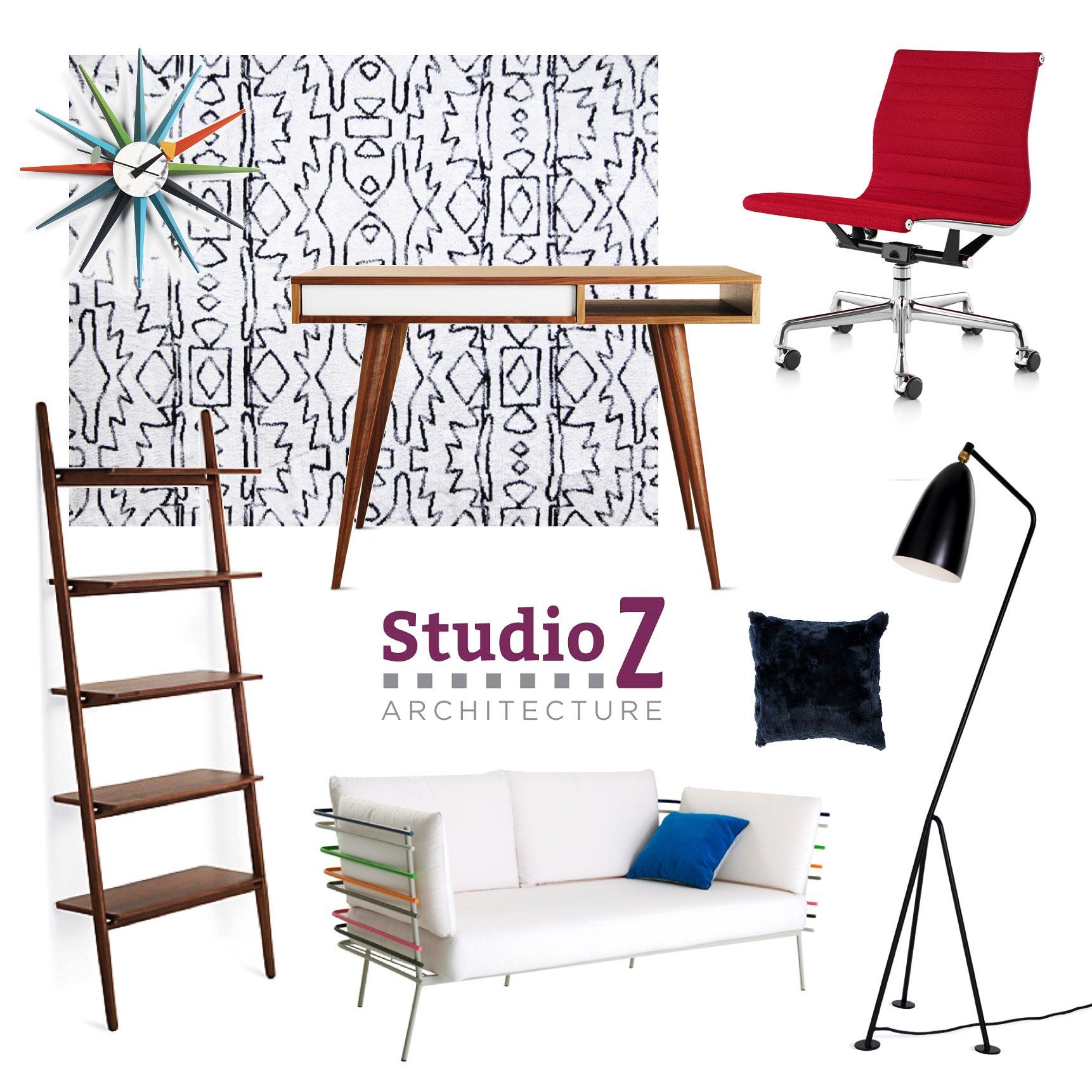 A collage of furniture with the words studio z architecture on the bottom