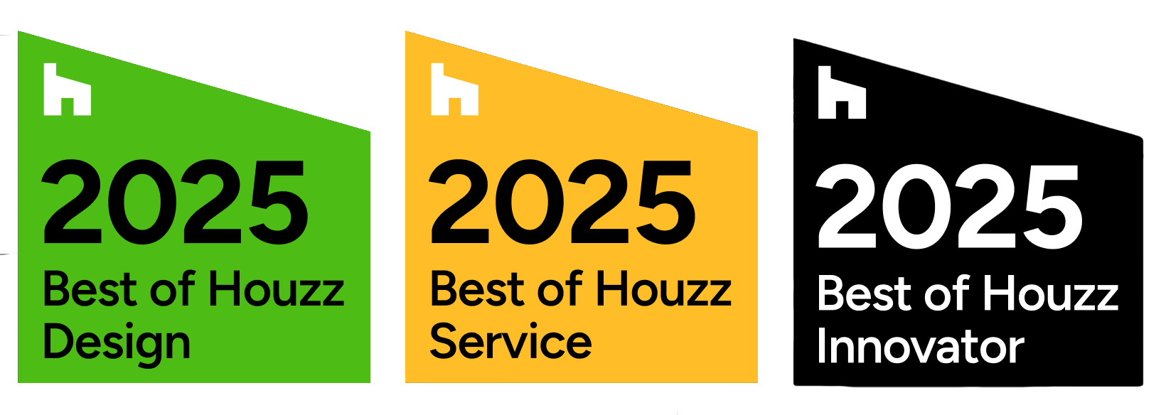 Three logos for best of houzz design , best of houzz service , and best of houzz innovator.