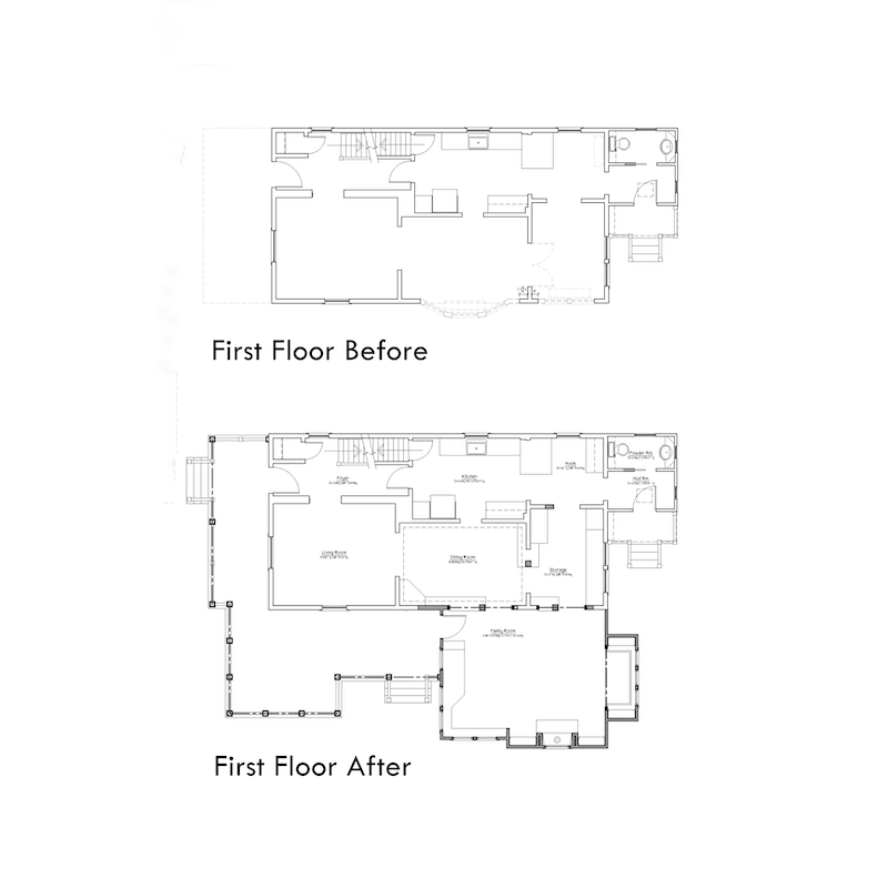 A black and white floor plan of a house before and after renovation