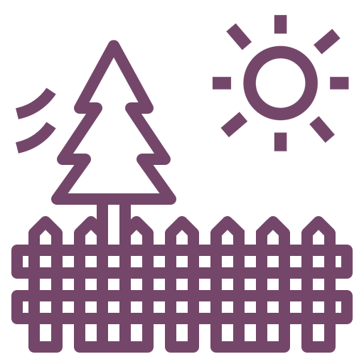 A purple icon of a fence with trees and a sun.