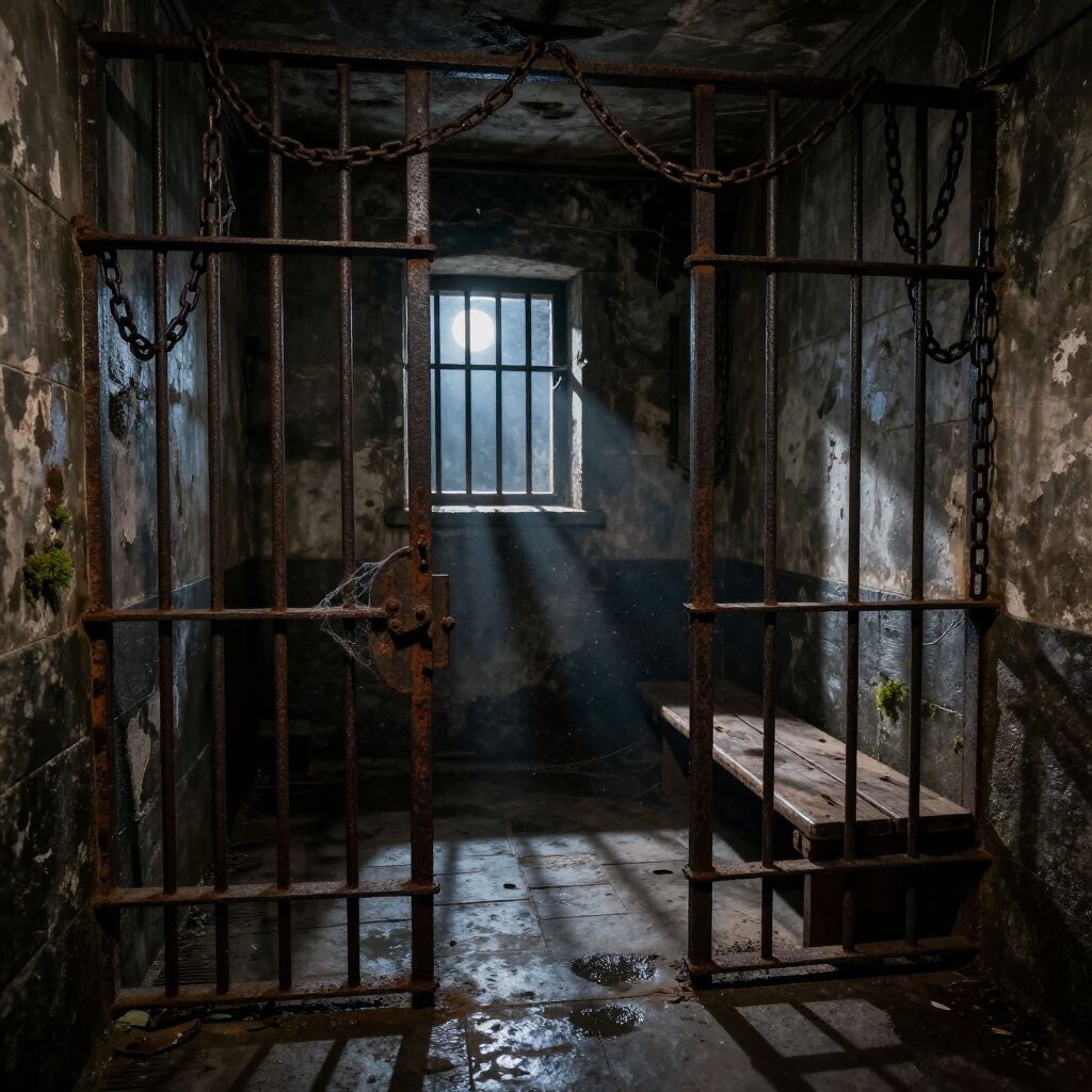 Dilapidated jail cell with open bars; light streams through a barred window.