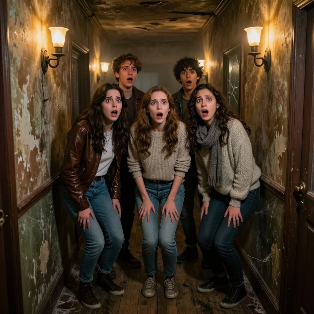 Five young people with shocked expressions in a dimly lit hallway.