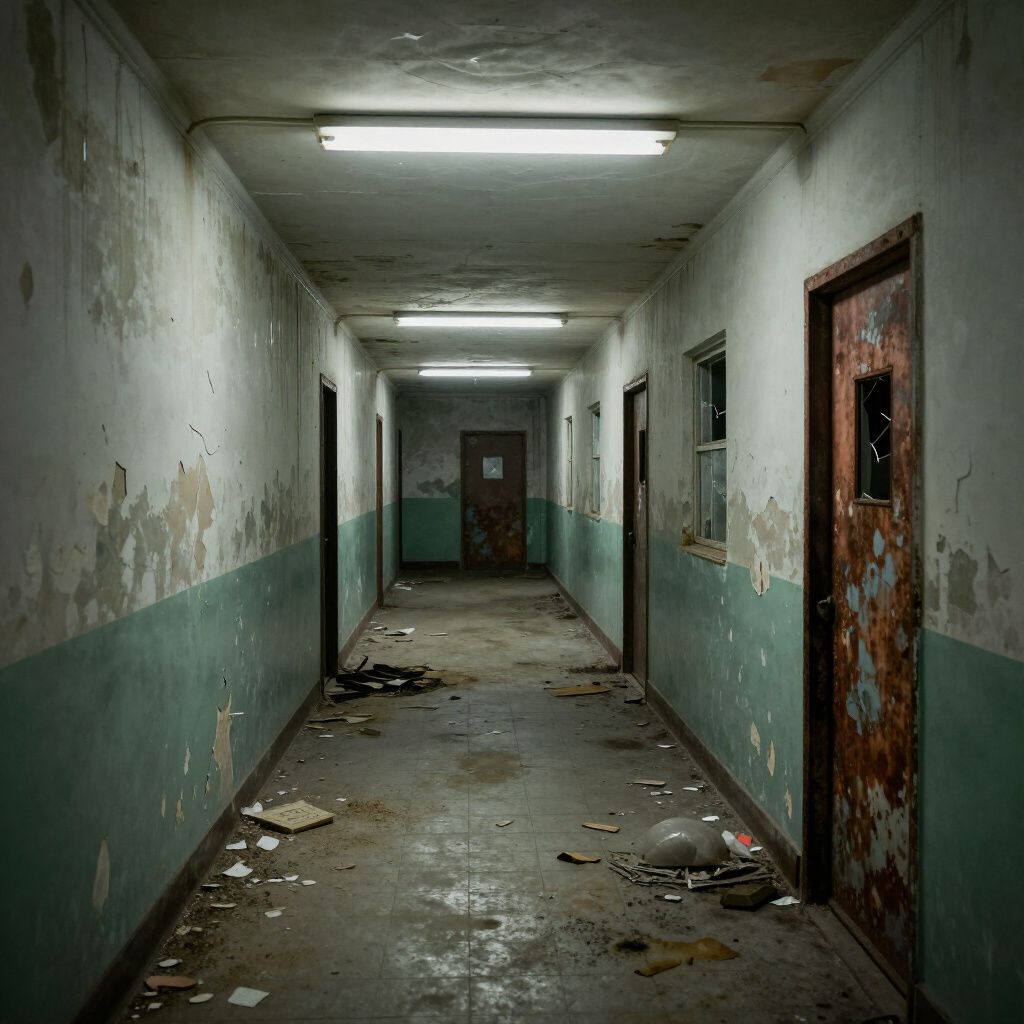 Dilapidated hospital hallway with peeling paint, debris on floor, and rusty doors.
