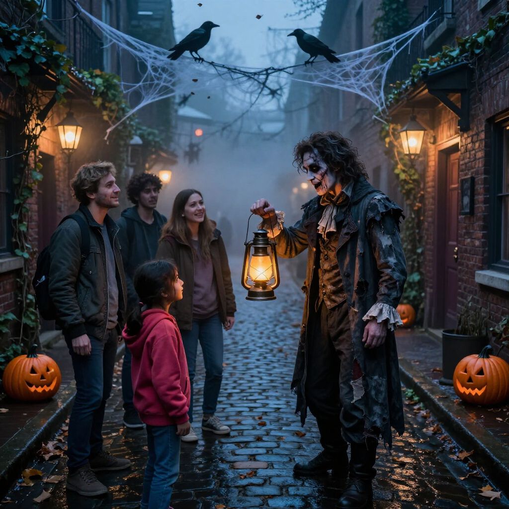 Halloween scene: Person in costume with lantern confronts a group of people in a spooky alley.