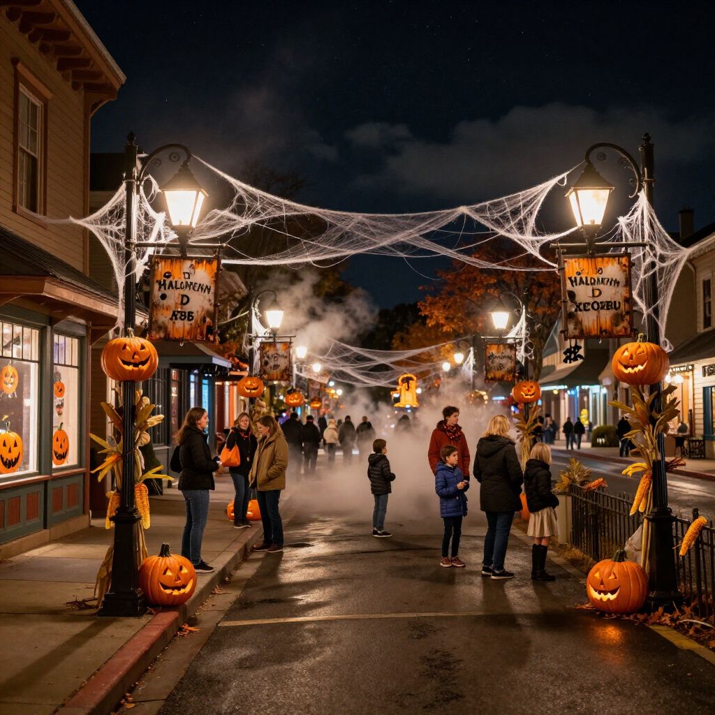 Halloween street scene with lit jack-o'-lanterns, fog, and cobwebs strung between lampposts. People are walking.