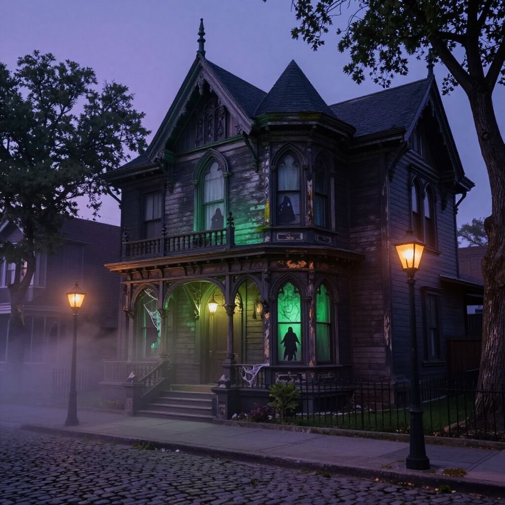 Creepy, darkened Victorian house at dusk. Green lights glow within, figures visible in windows, fog on cobblestone street.