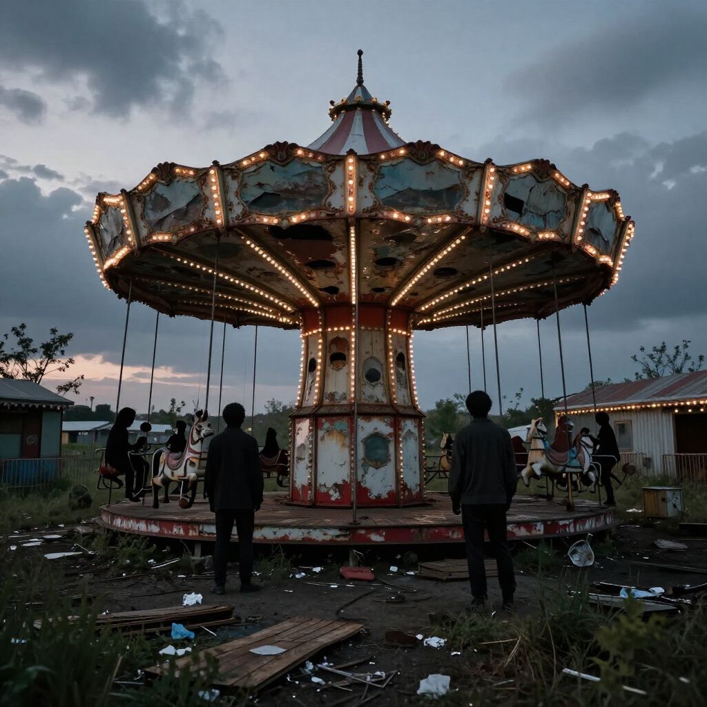 Rusty carousel with faded lights at dusk, two people stand looking at it.