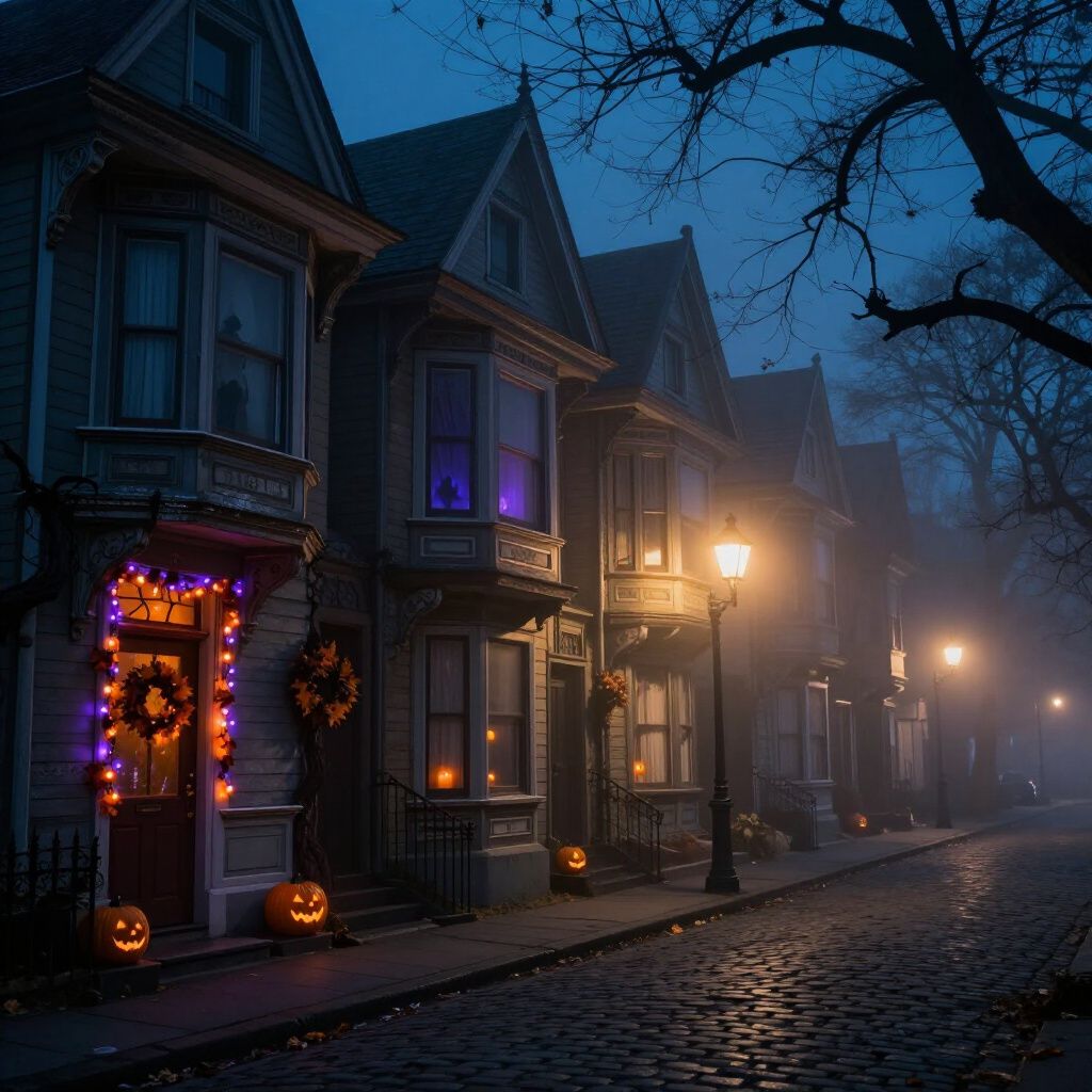 Row of houses decorated for Halloween at night, with jack-o'-lanterns, wreaths, and string lights. Cobblestone street.