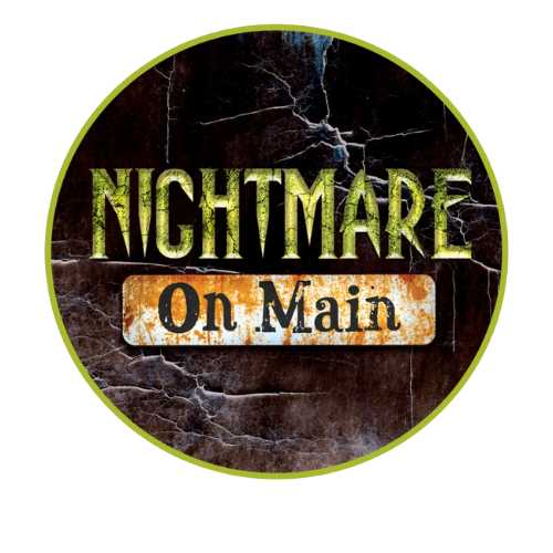 Nightmare on Main logo: Green circle with cracked, dark background. Gold text. Rusty sign: 