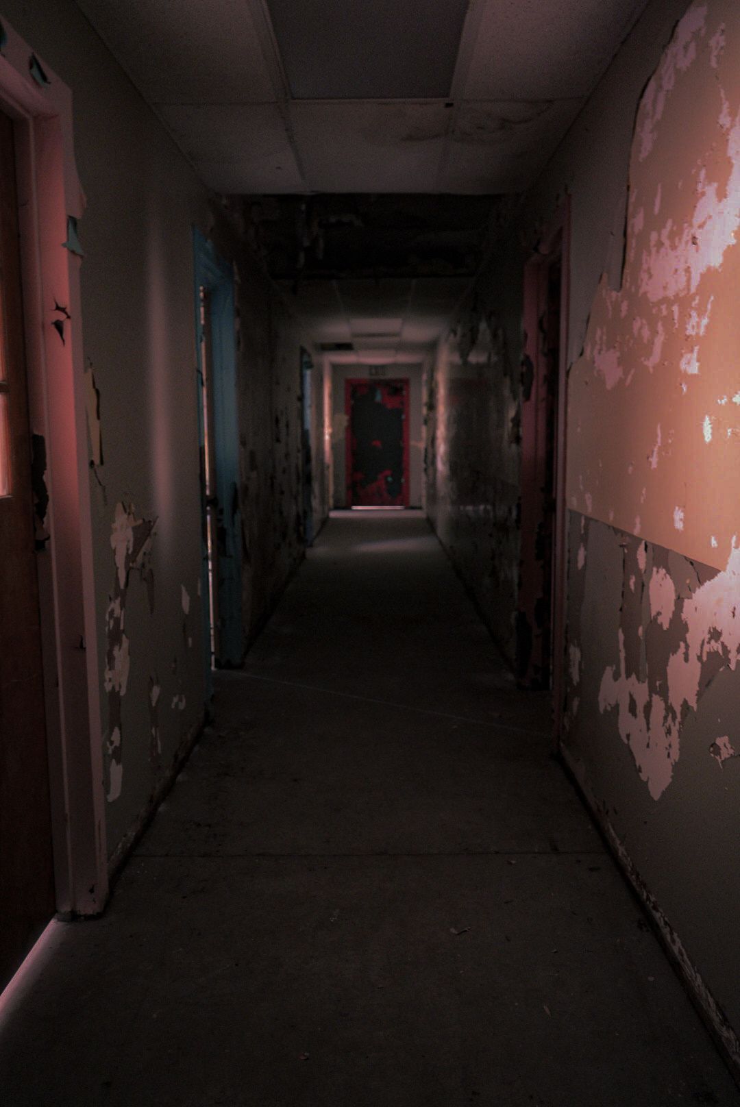 Dark, long hallway in a dilapidated building; peeling paint on walls, doors on either side, light at the far end.