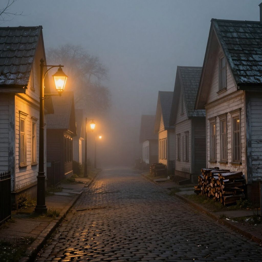 Cobblestone street in foggy village, lined with illuminated streetlights and white wooden houses.