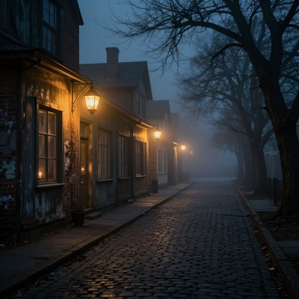 Cobblestone street lined with aged buildings, lit by street lamps, shrouded in a blue-grey fog.