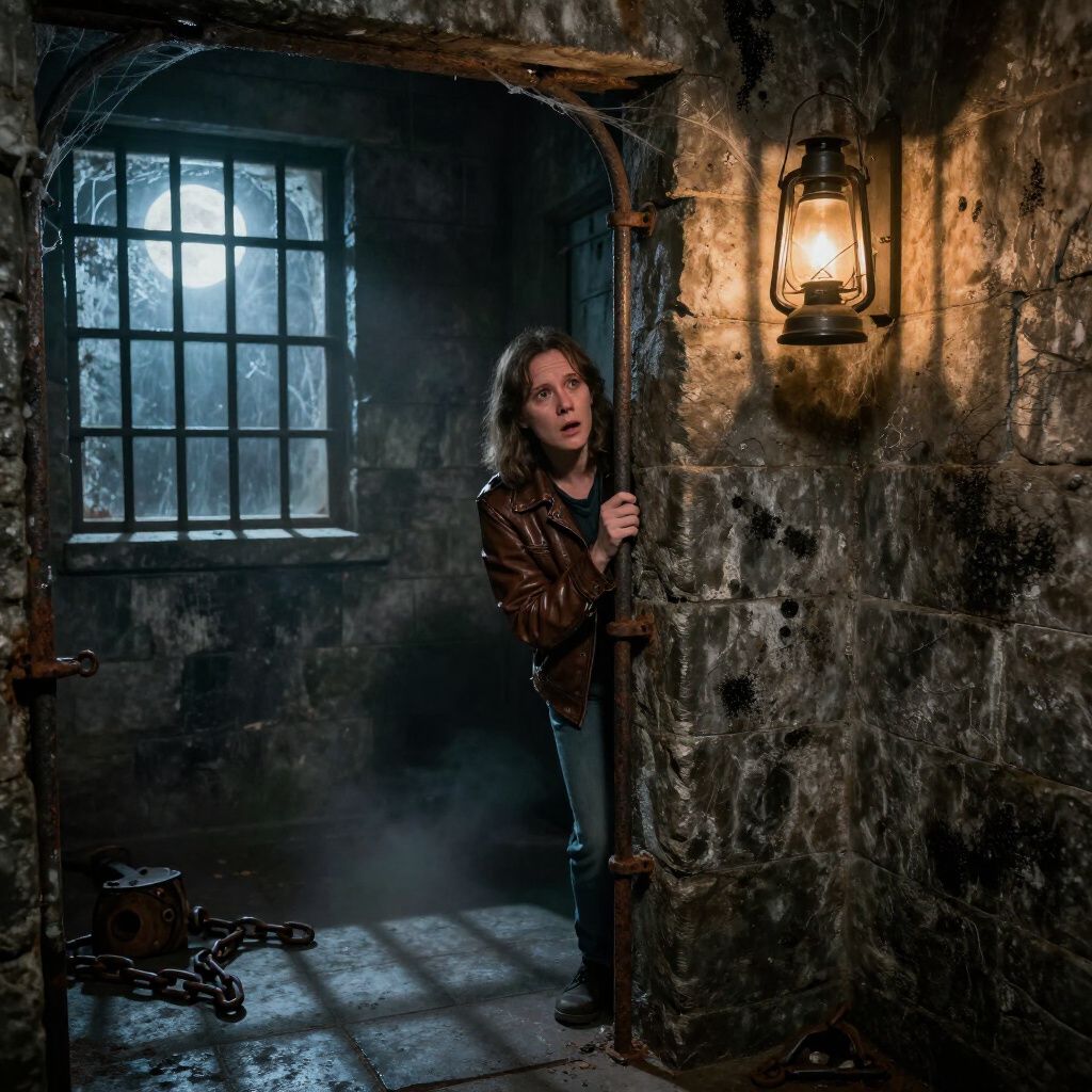 Woman peers out from a dark, stone-walled room; a full moon shines through a barred window.