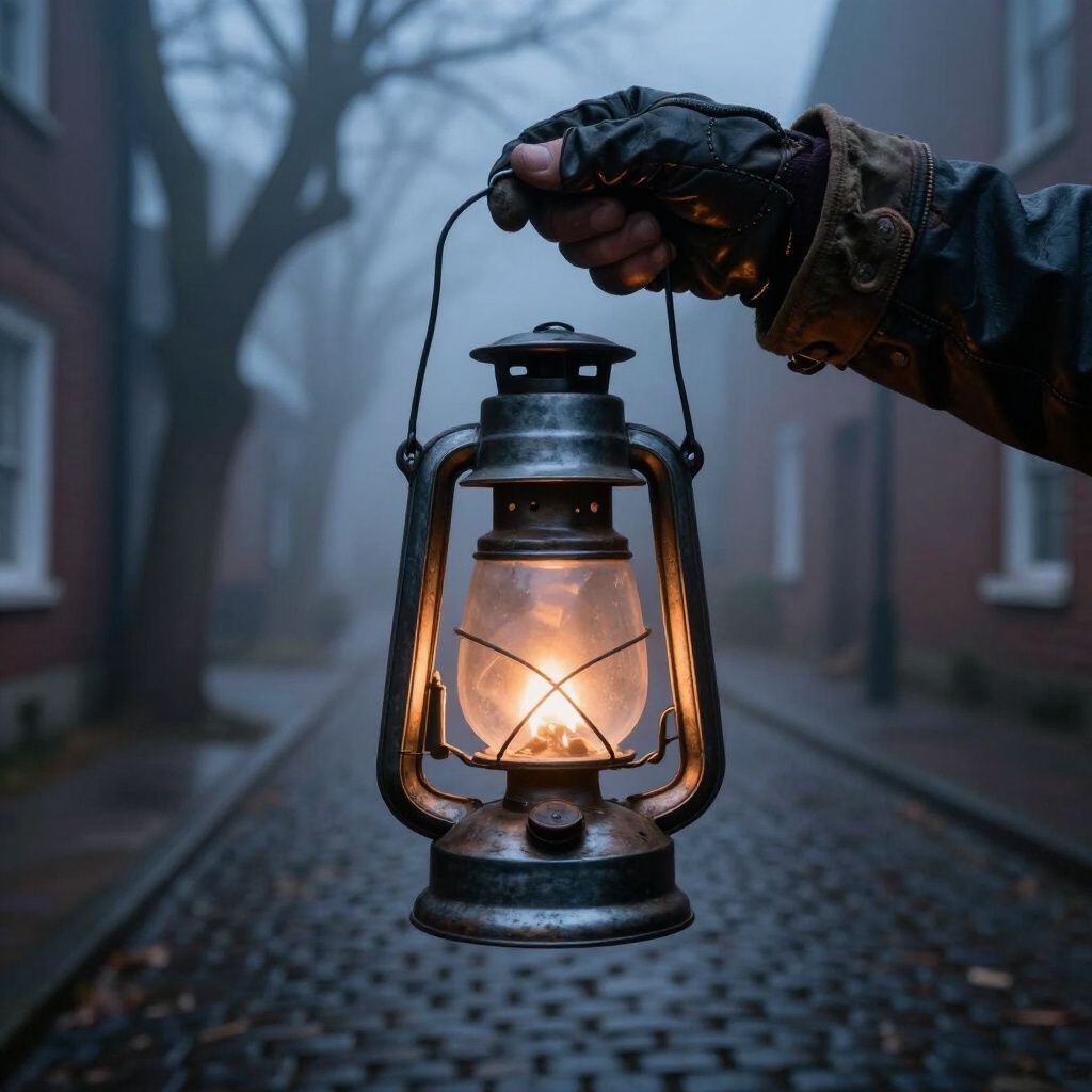 Hand holding a glowing lantern on a foggy cobblestone street.