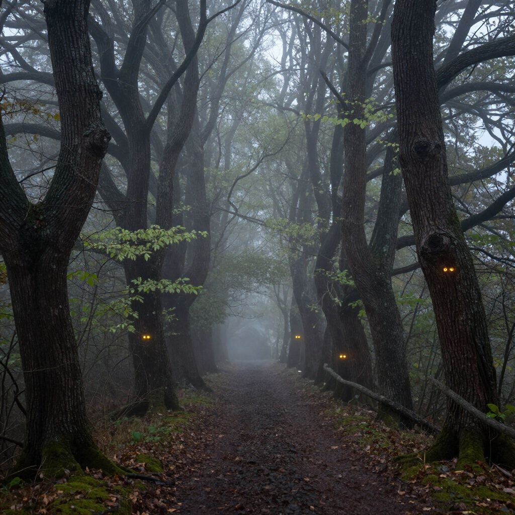 Foggy path through a forest, trees with glowing yellow eyes stare.