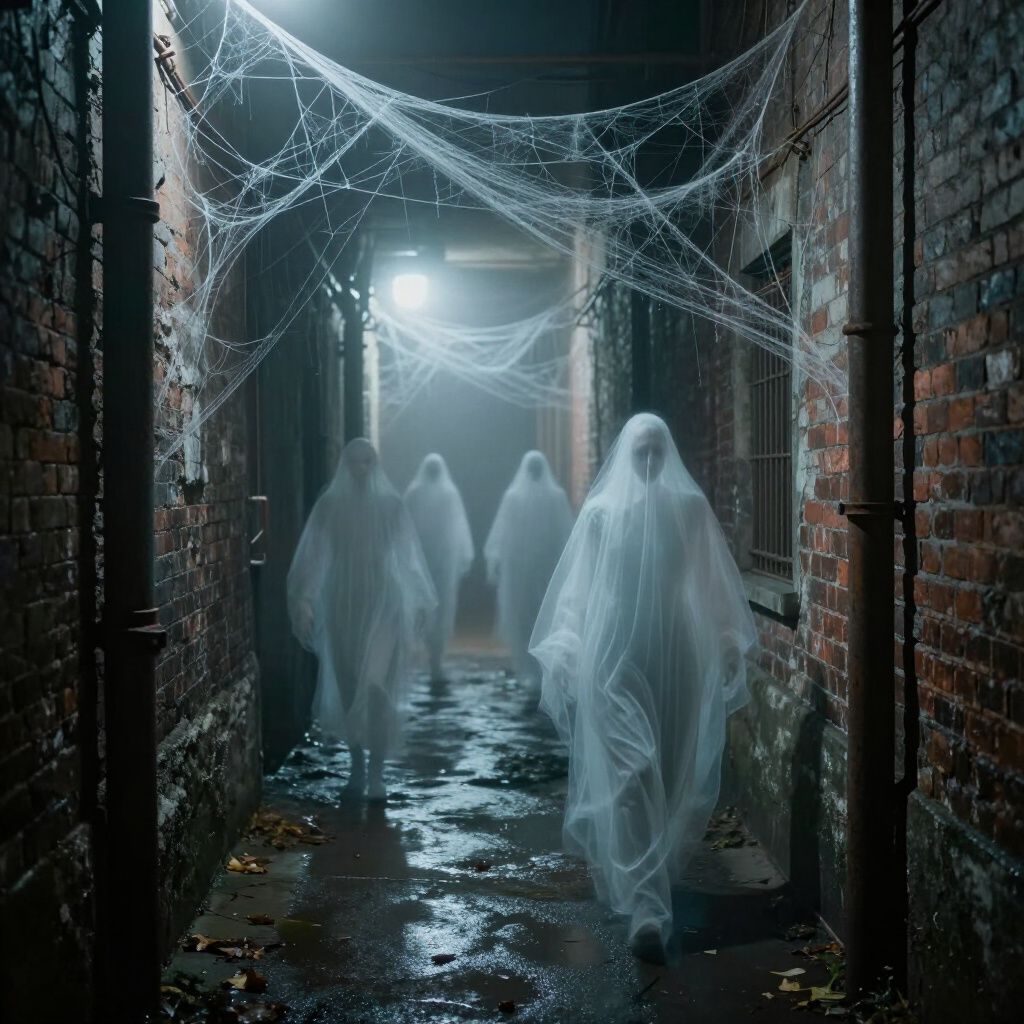 Ghosts in white sheets walk down a dark, cobweb-covered brick alleyway.