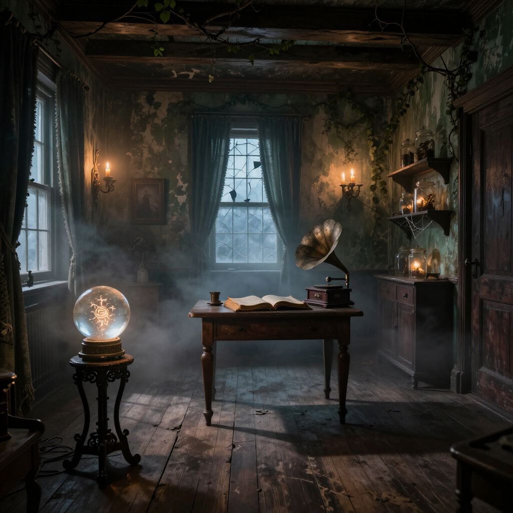 Dusty room with fog, lit by candlelight, featuring a crystal ball, gramophone, and open book.
