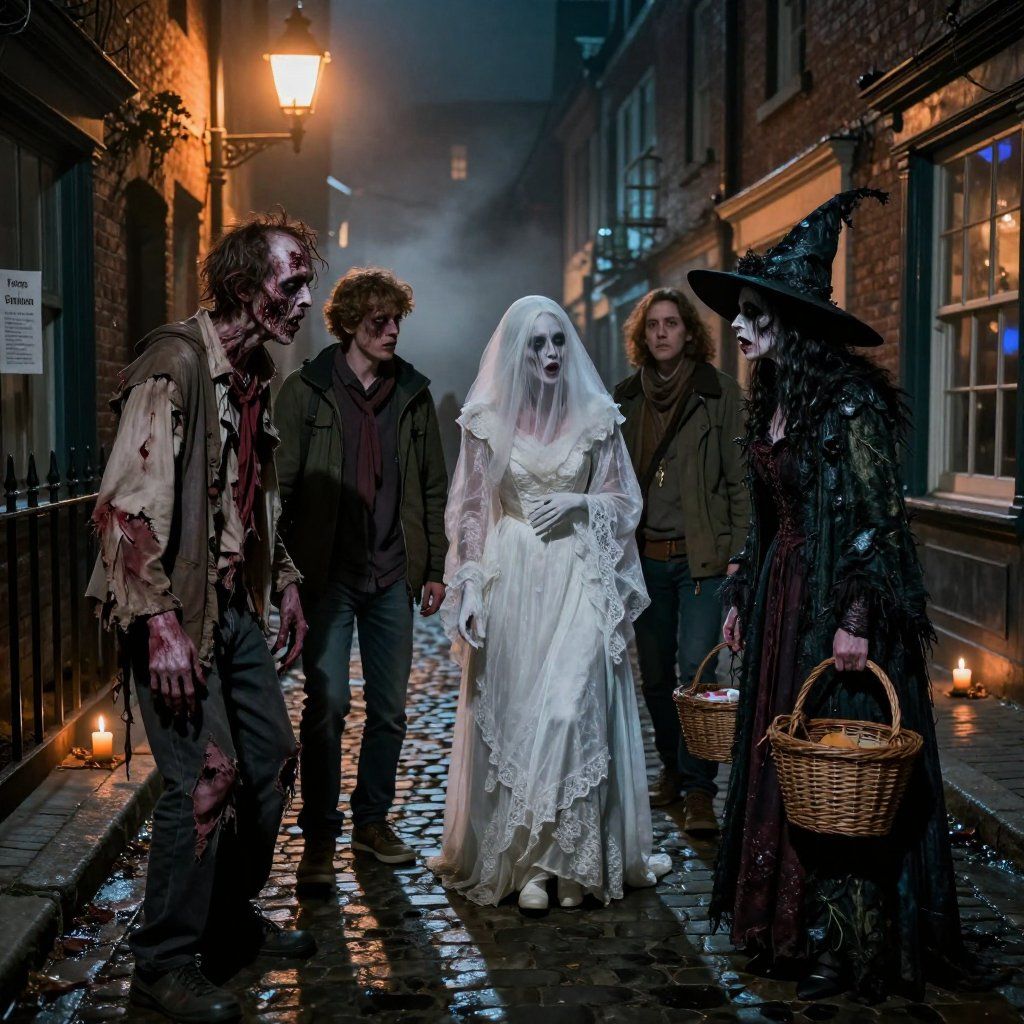 Group of costumed figures on a cobblestone street: zombie, ghost bride, witch; Halloween scene.