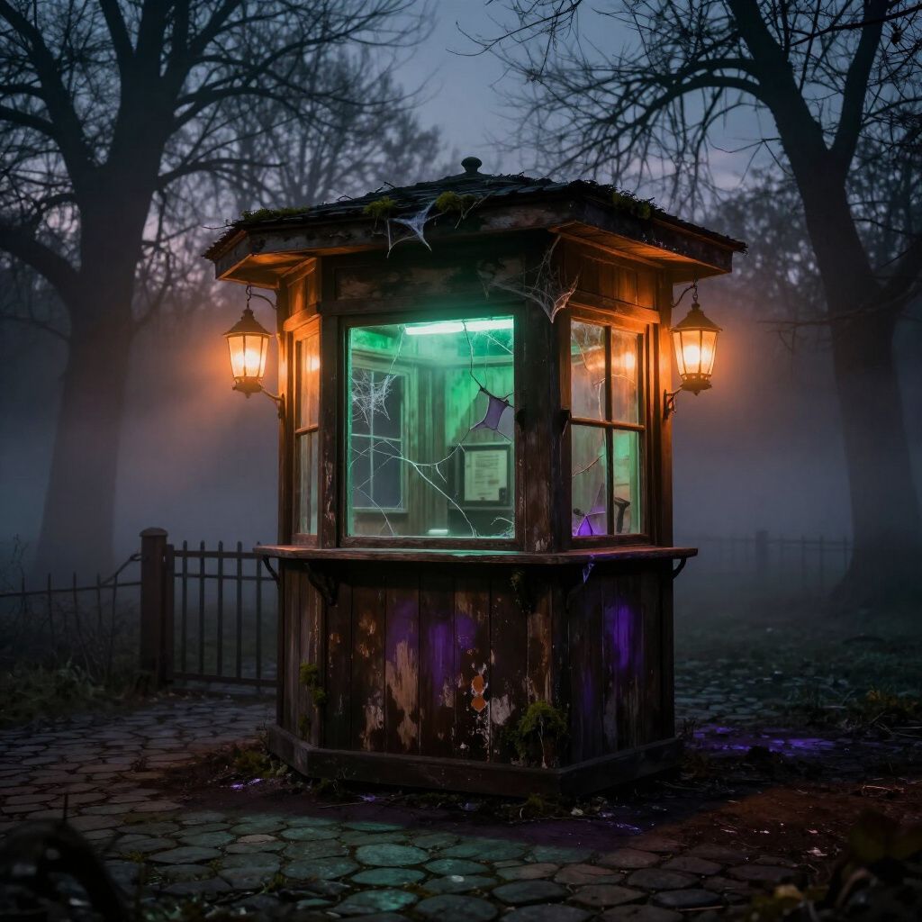 A spooky, wooden ticket booth with broken glass, lit by orange lanterns and a green neon glow, set in a foggy, dark park.