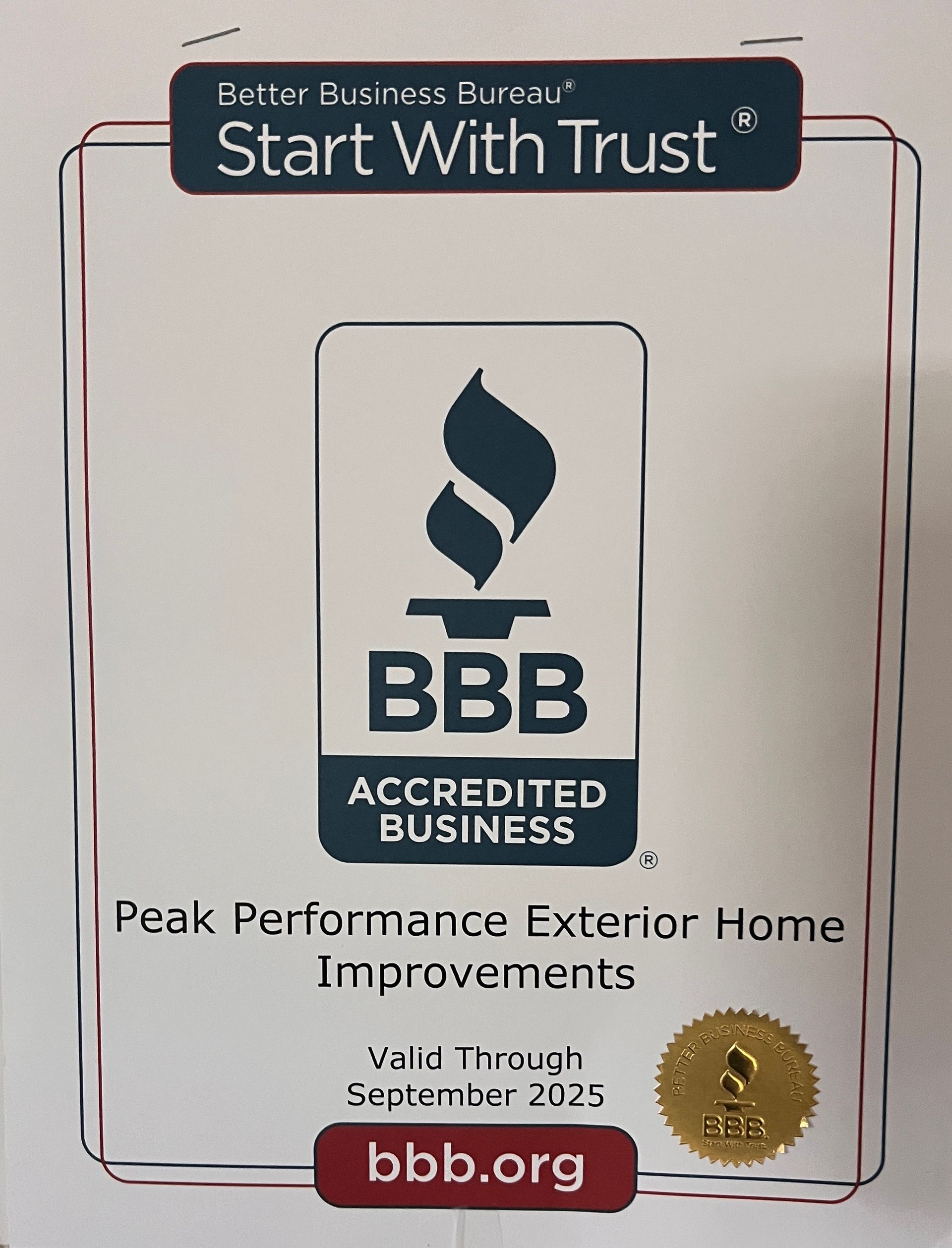 BBB Accredited Business badge with “Start With Trust,” “Peak Performance Exterior Home Improvements,” and bbb.org logo BBB Accredited Business badge with “Start With Trust,” “Peak Performance Exterior Home Improvements,” and bbb.org logo