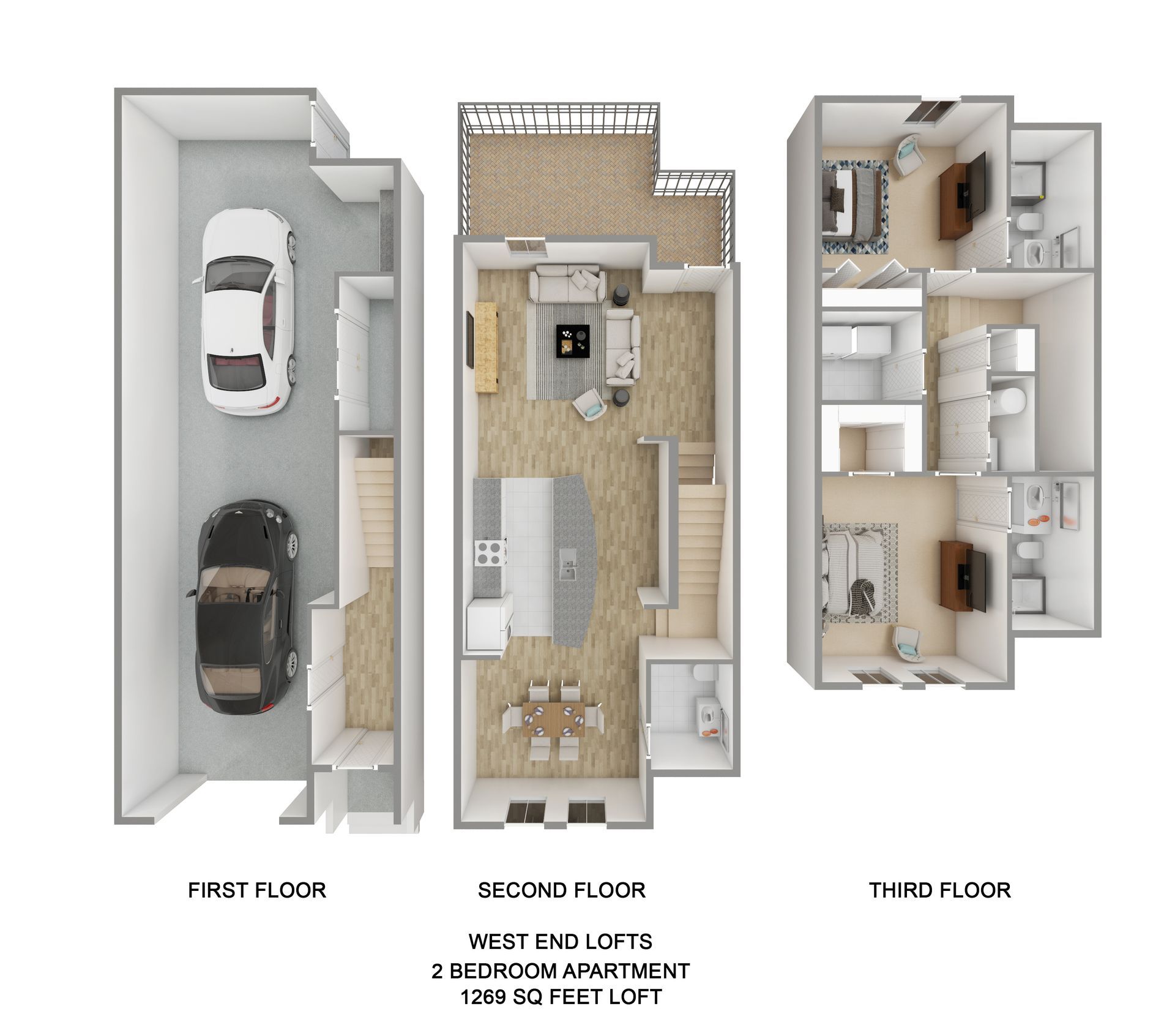 A 3d floor plan of a house with a car in the garage