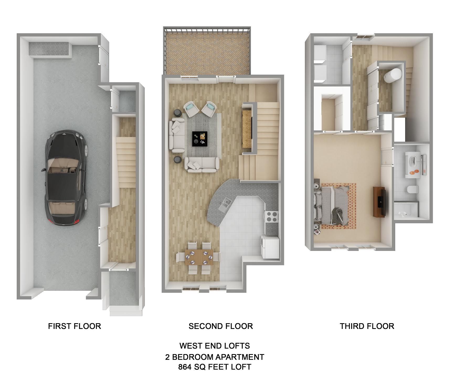 A 3d floor plan of a house with a car in the garage.