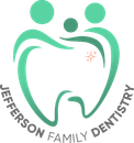 The logo for jefferson family dentistry shows a tooth in the shape of a heart.