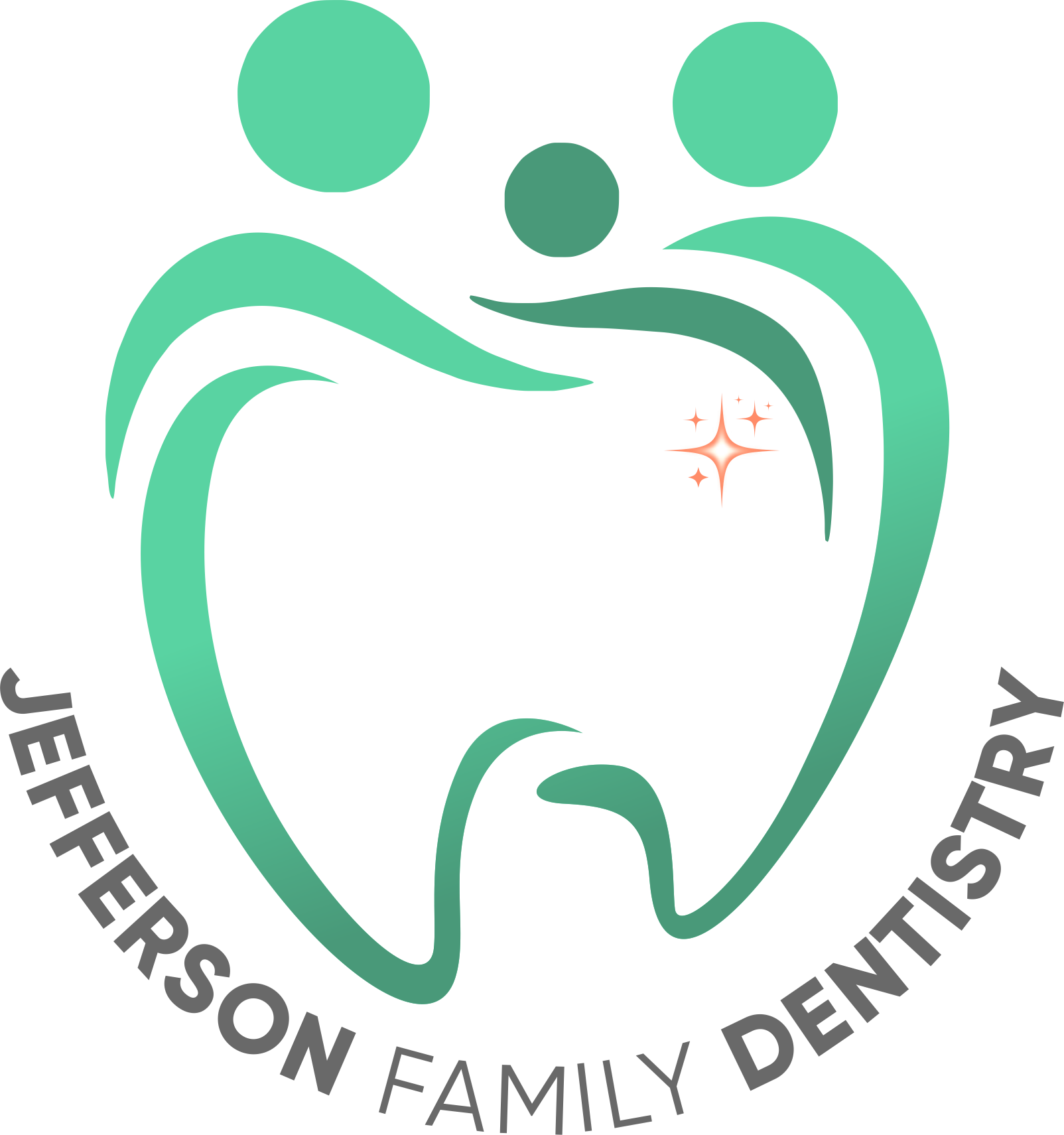 The logo for jefferson family dentistry shows a tooth in the shape of a heart.