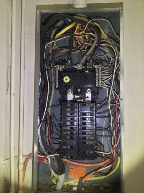 A very messy electrical box with lots of wires