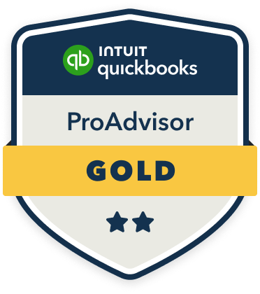 QuickBooks ProAdvisor Gold badge, blue and white shield, gold banner, two stars.
