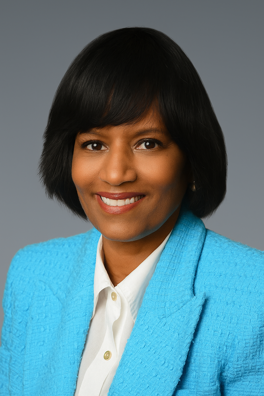 Tashia Burton, wearing a light blue blazer over a white blouse, and dark hair.