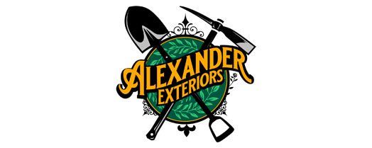 Alexander Exteriors logo with green badge, shovel, and pickaxe icons