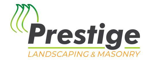 Prestige Landscaping and Masonry logo with green leaf and bold text design