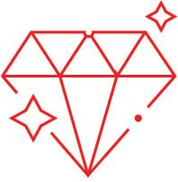 un dessin au trait rouge d'un diamant entouré de deux étoiles.