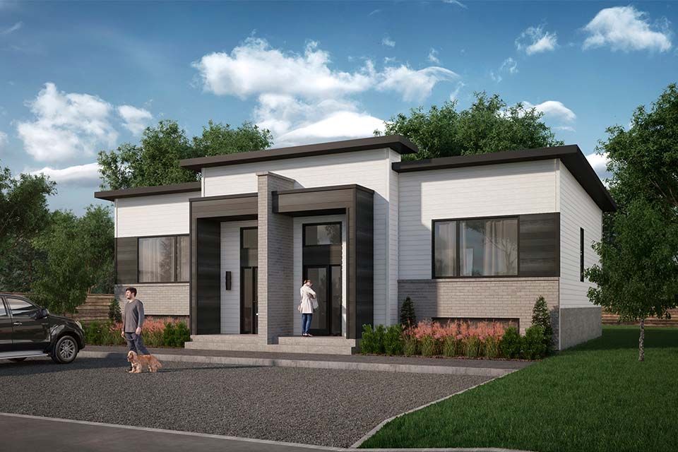 vue d'artiste d'une maison moderne avec une voiture garée devant.