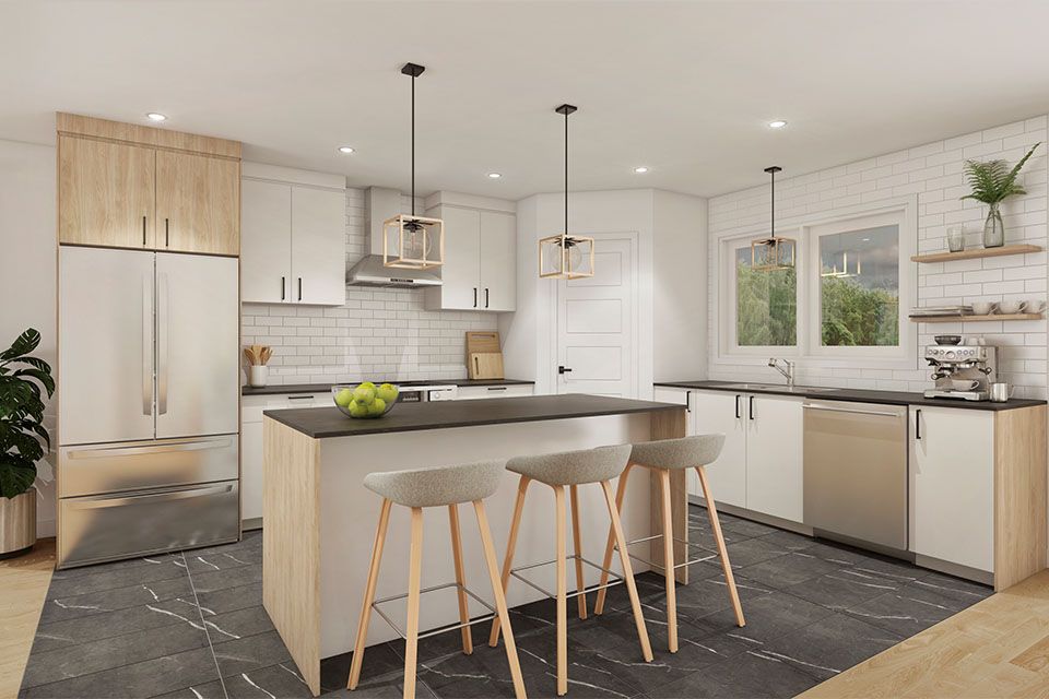 une vue d'artiste d'une cuisine avec des tabourets et un grand îlot.